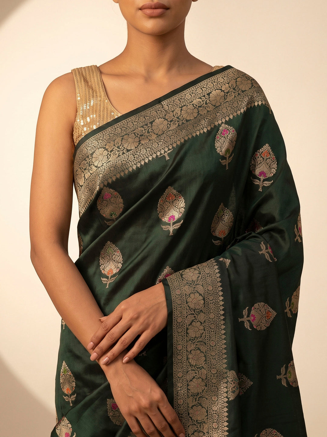 Bottle Green Banarasi Woven Saree
