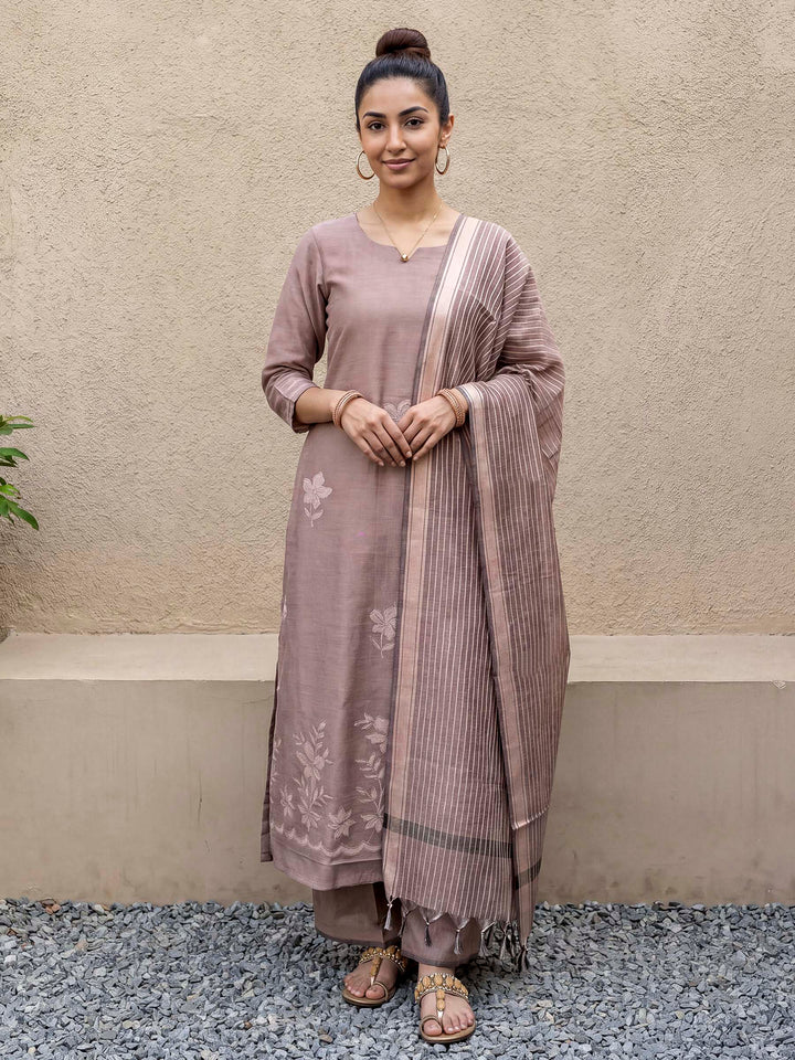 Lavender-Grey Chanderi Embroided Unstitched Dress Material