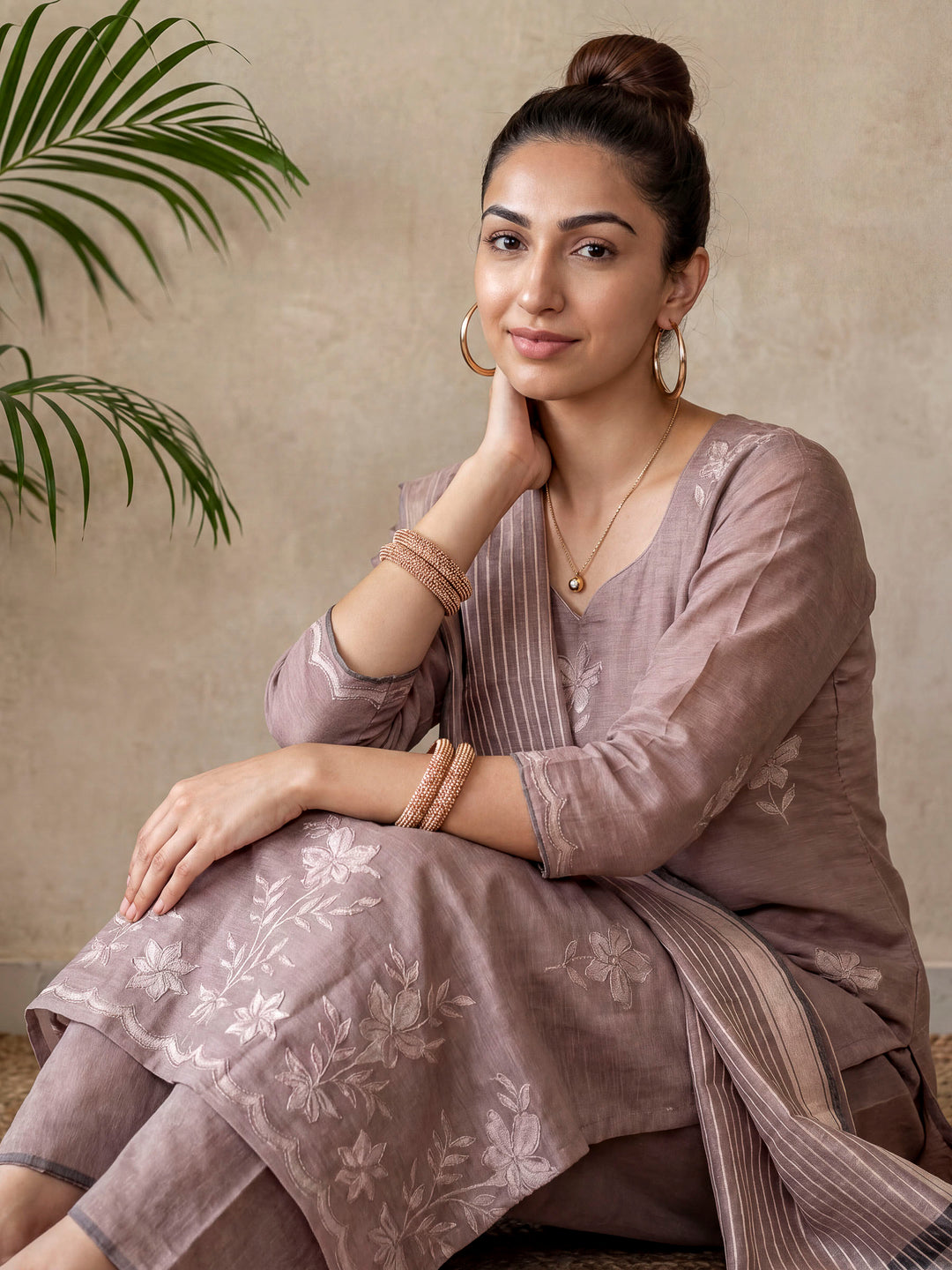 Lavender-Grey Chanderi Embroided Unstitched Dress Material