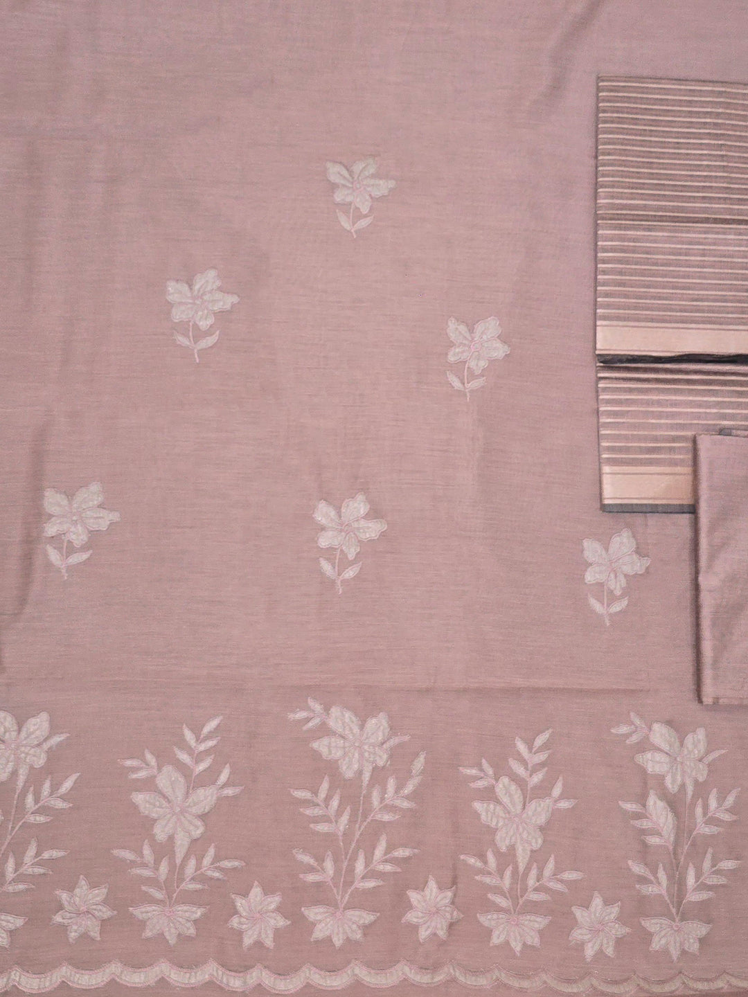 Lavender-Grey Chanderi Embroided Unstitched Dress Material