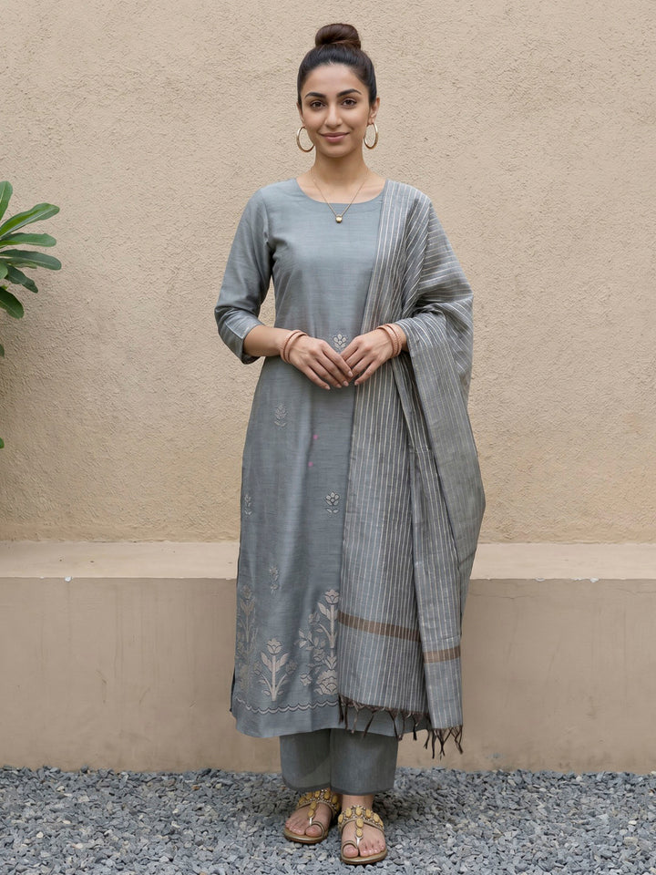 Steel-Blue Chanderi Embroided Unstitched Dress Material