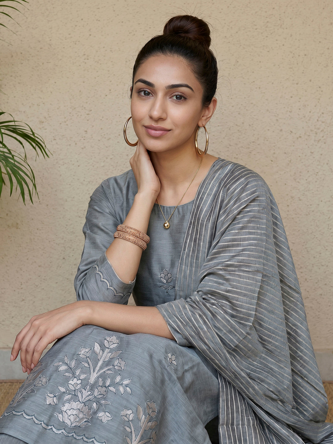 Steel-Blue Chanderi Embroided Unstitched Dress Material