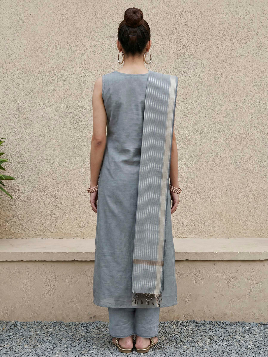 Steel-Blue Chanderi Embroided Unstitched Dress Material