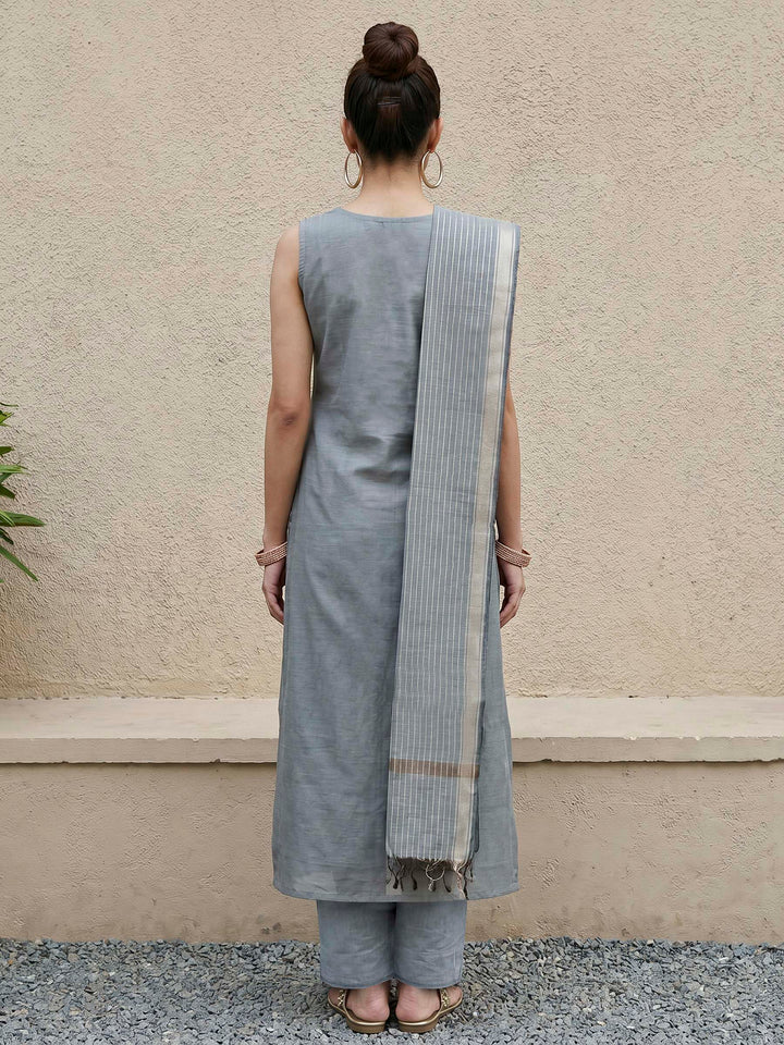 Steel-Blue Chanderi Embroided Unstitched Dress Material