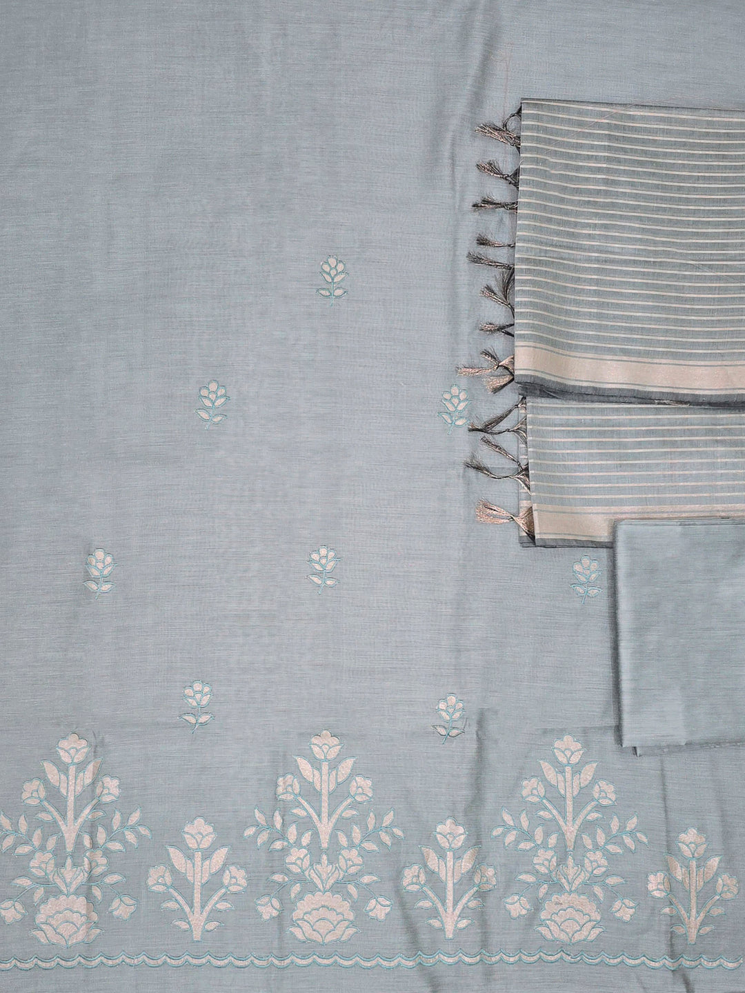 Steel-Blue Chanderi Embroided Unstitched Dress Material