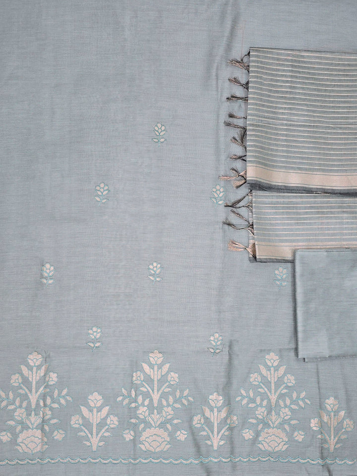 Steel-Blue Chanderi Embroided Unstitched Dress Material