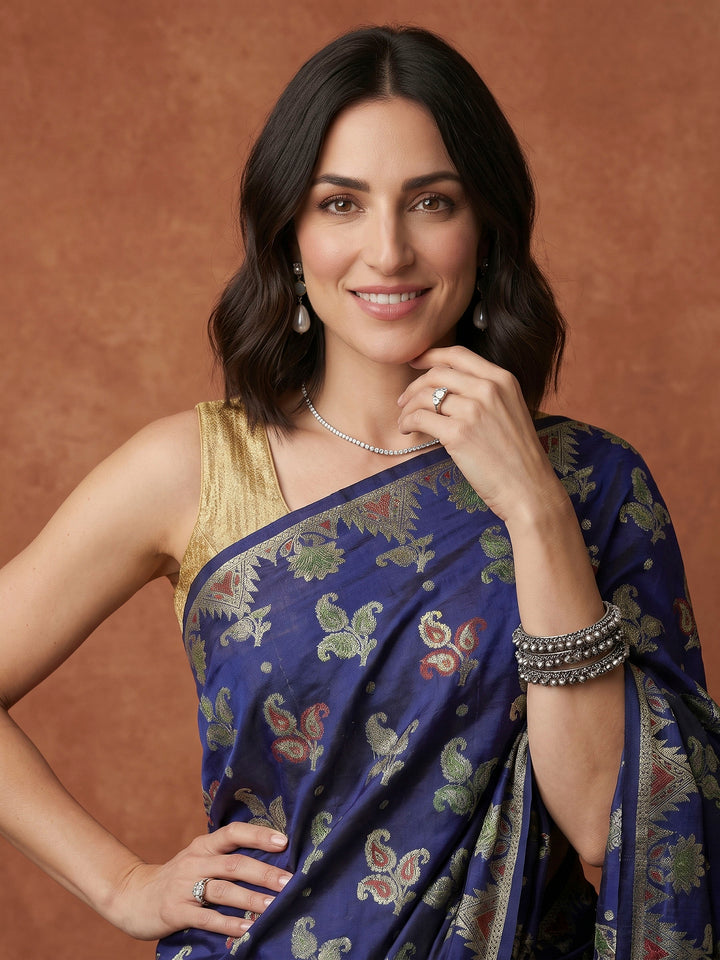 Navy Blue Woven Design Art Silk Saree