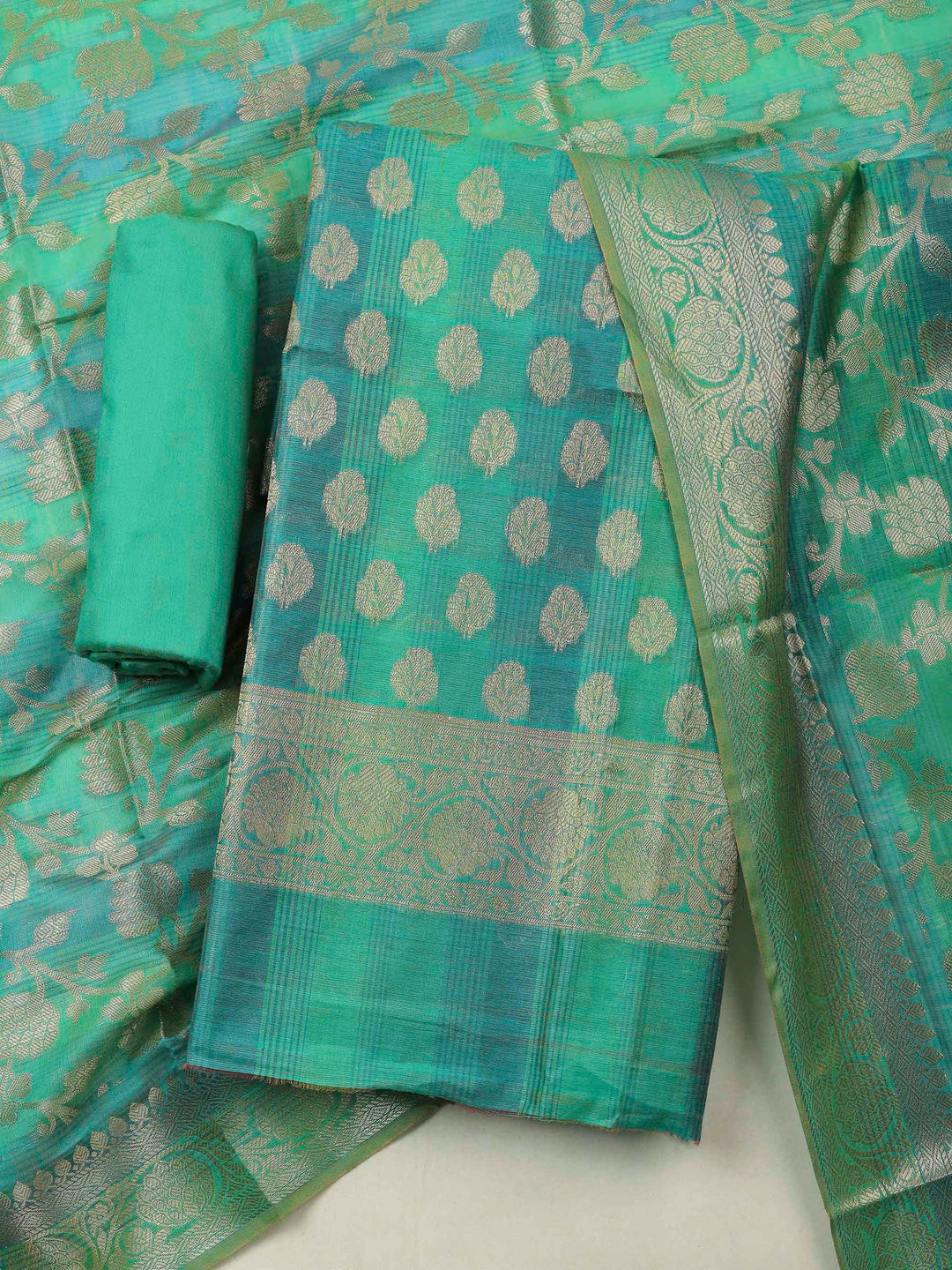 Green Banarasi Chanderi Unstitched Dress Material