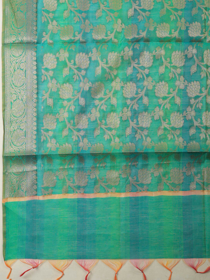 Green Banarasi Chanderi Unstitched Dress Material