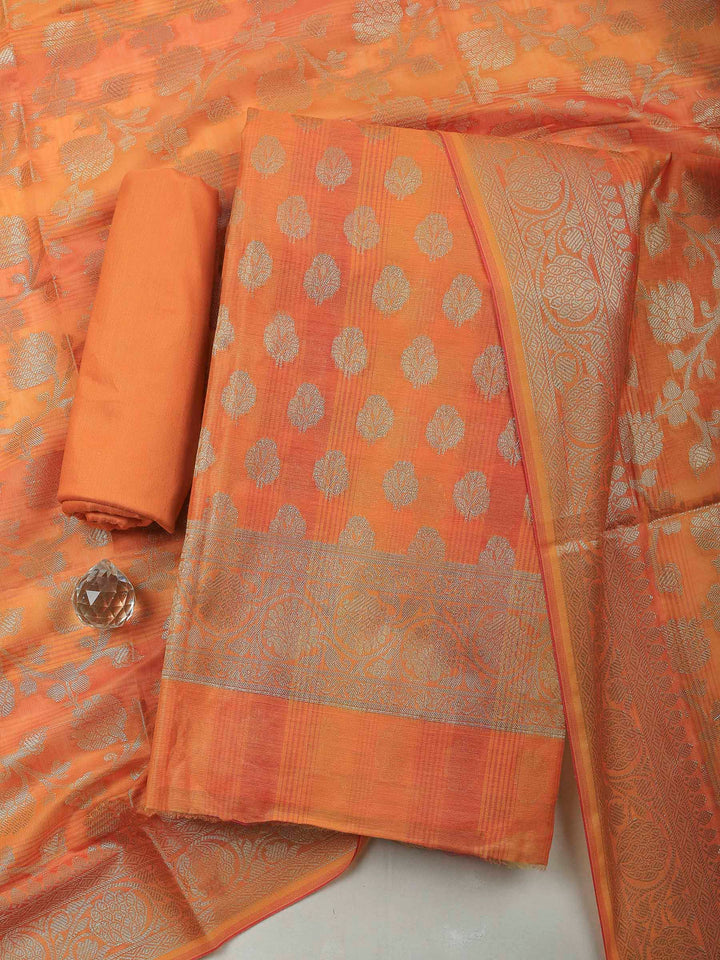 Orange Banarasi Chanderi Unstitched Dress Material