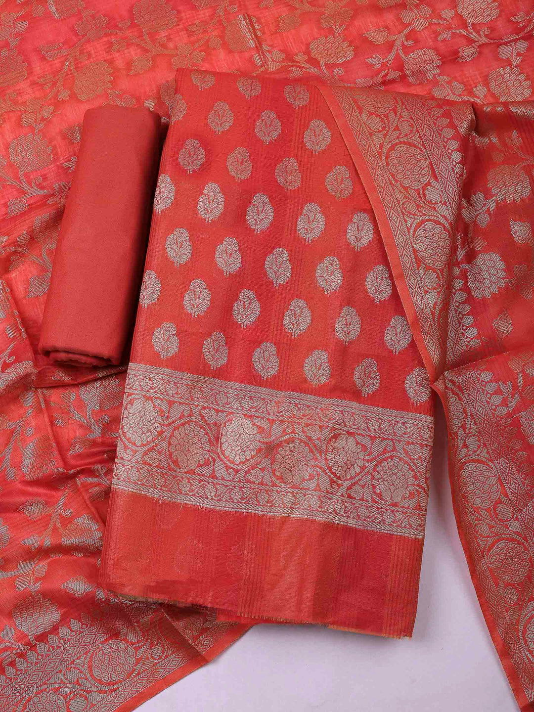 Rust Banarasi Chanderi Unstitched Dress Material