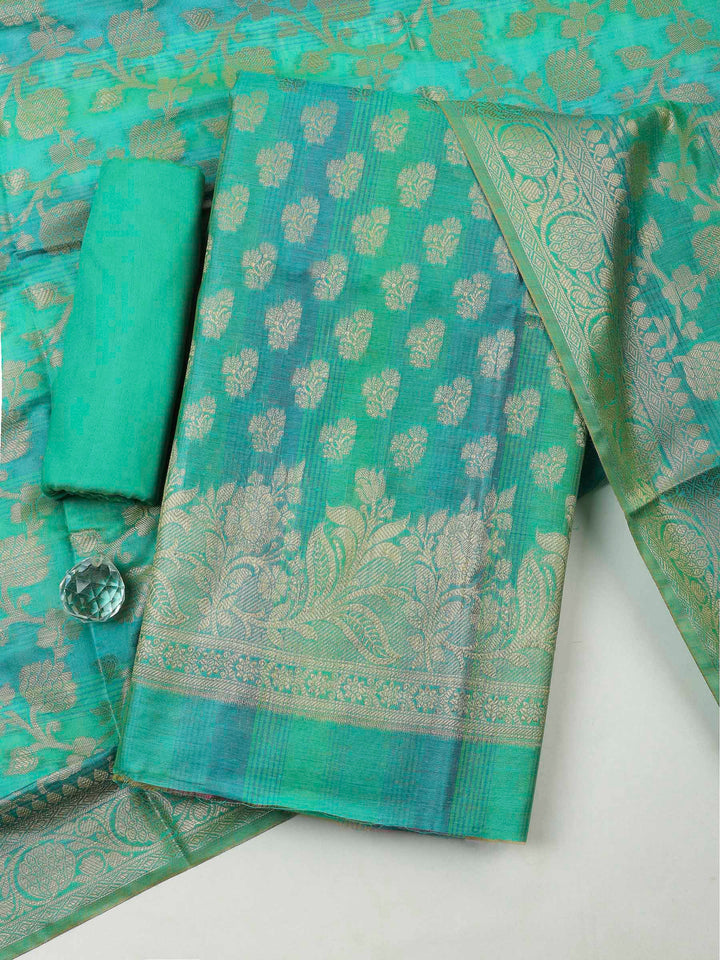 Green Banarasi Chanderi Unstitched Dress Material