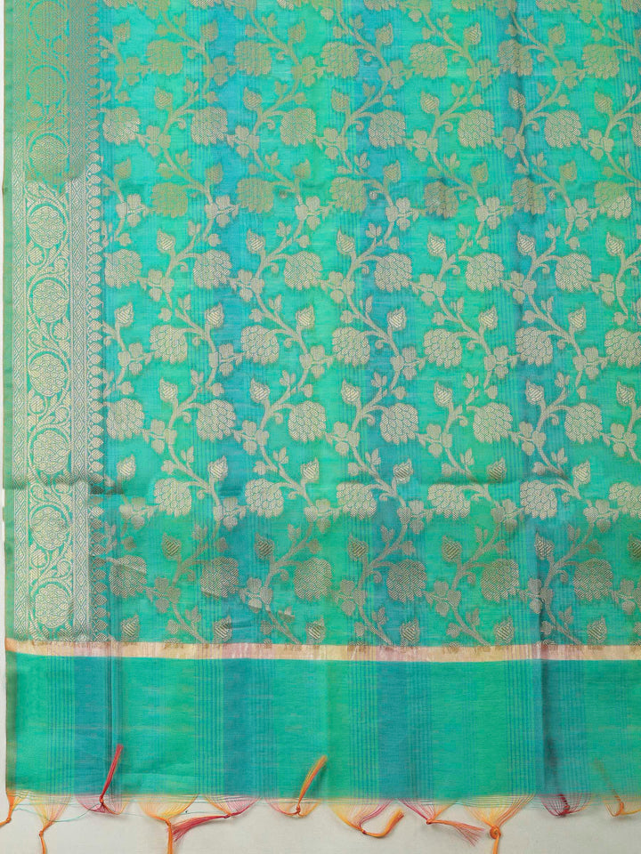 Green Banarasi Chanderi Unstitched Dress Material