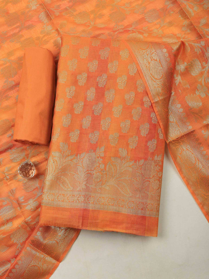 Orange Banarasi Chanderi Unstitched Dress Material