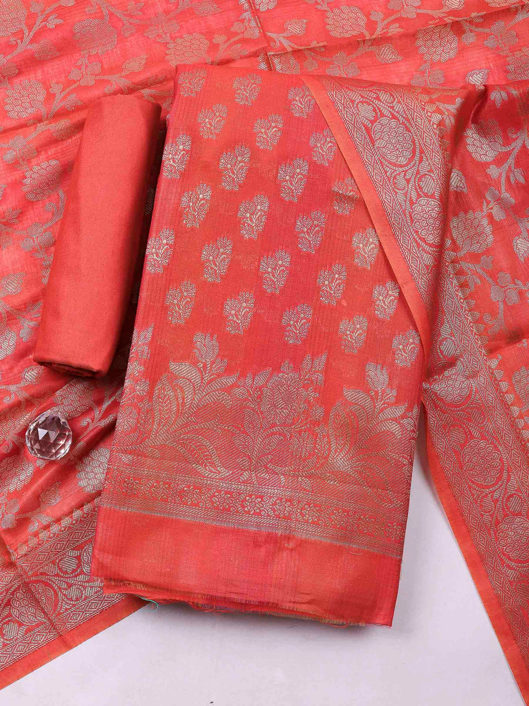 Rust Banarasi Chanderi Unstitched Dress Material