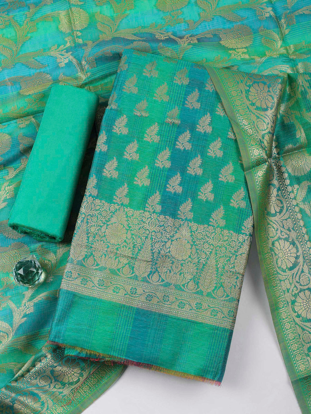 Green Woven Design Chanderi Unstitched Suit &amp; Pant With Banarsi Dupatta