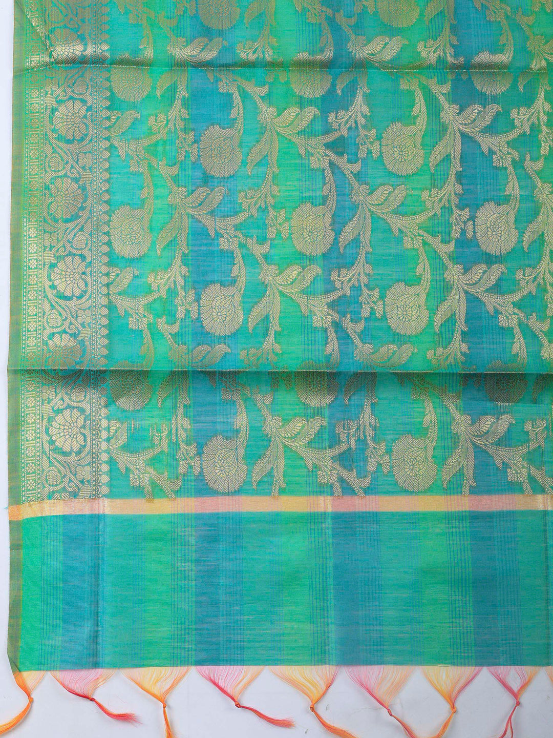 Green Woven Design Chanderi Unstitched Suit &amp; Pant With Banarsi Dupatta