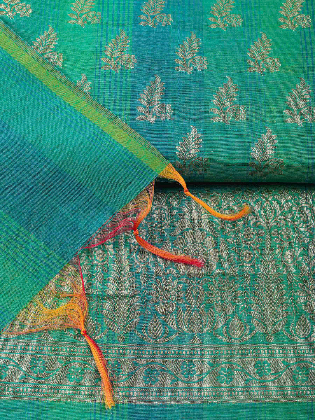Green Woven Design Chanderi Unstitched Suit &amp; Pant With Banarsi Dupatta