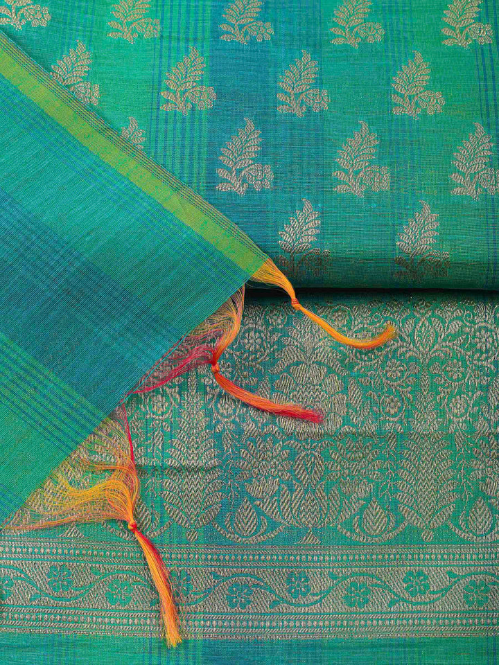 Green Woven Design Chanderi Unstitched Suit &amp; Pant With Banarsi Dupatta