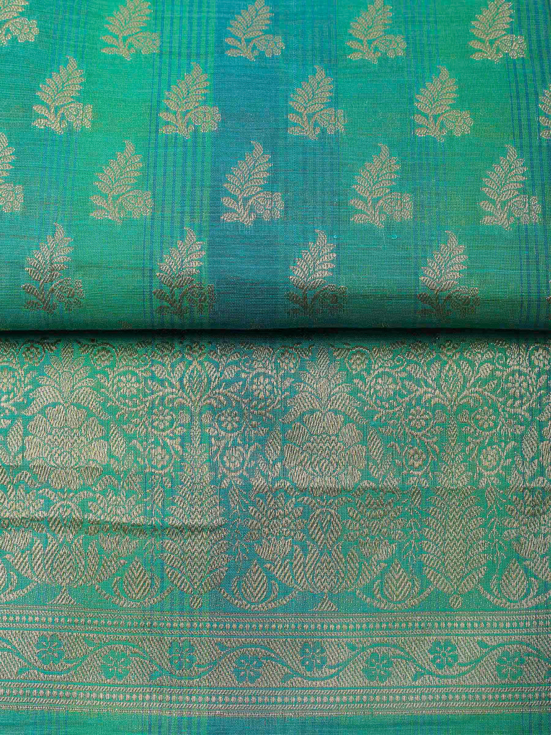 Green Woven Design Chanderi Unstitched Suit &amp; Pant With Banarsi Dupatta