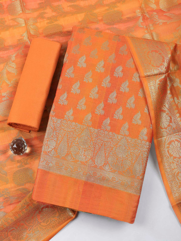 Orange Woven Design Chanderi Unstitched Suit &amp; Pant With Banarsi Dupatta
