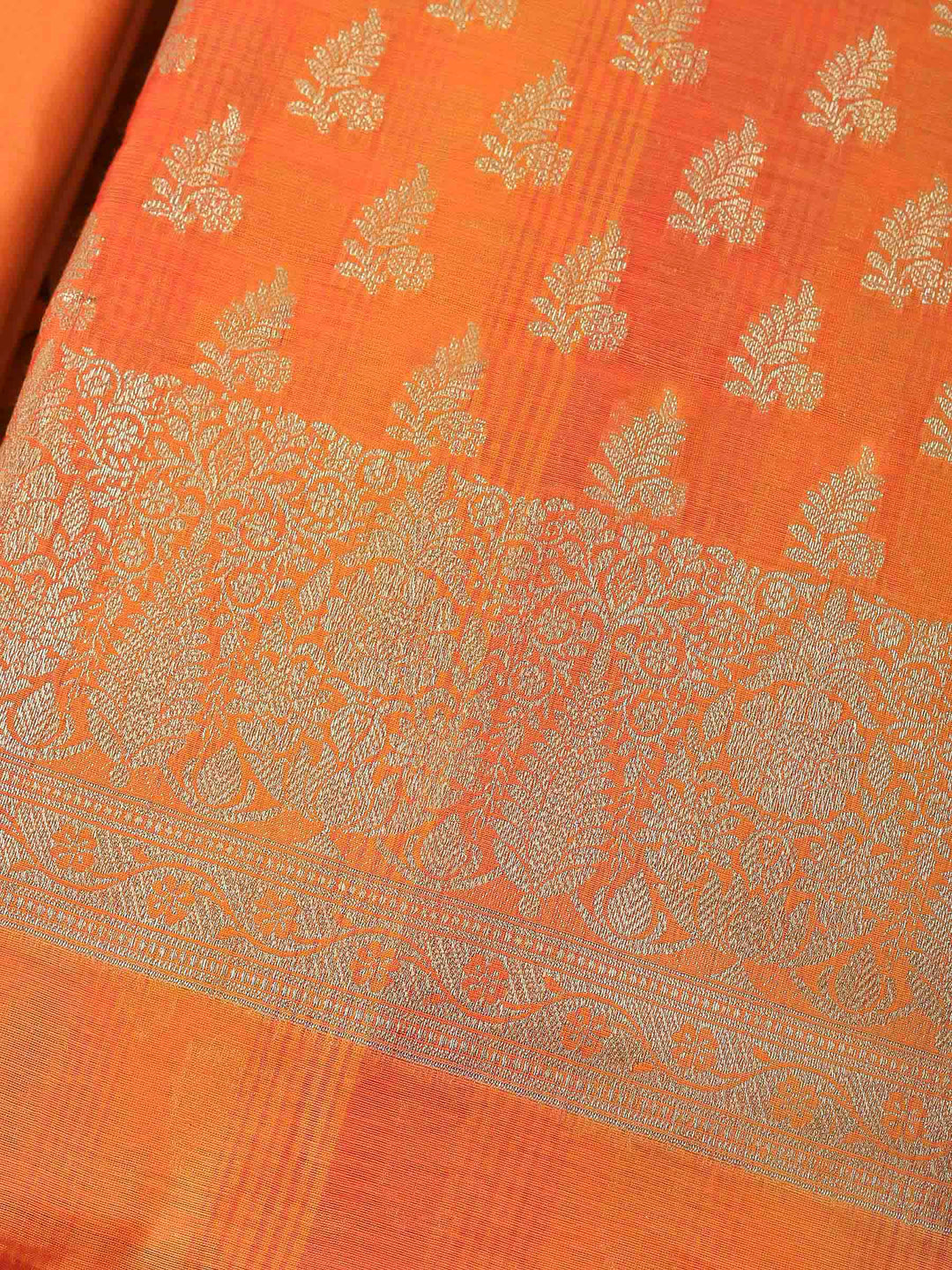 Orange Woven Design Chanderi Unstitched Suit &amp; Pant With Banarsi Dupatta