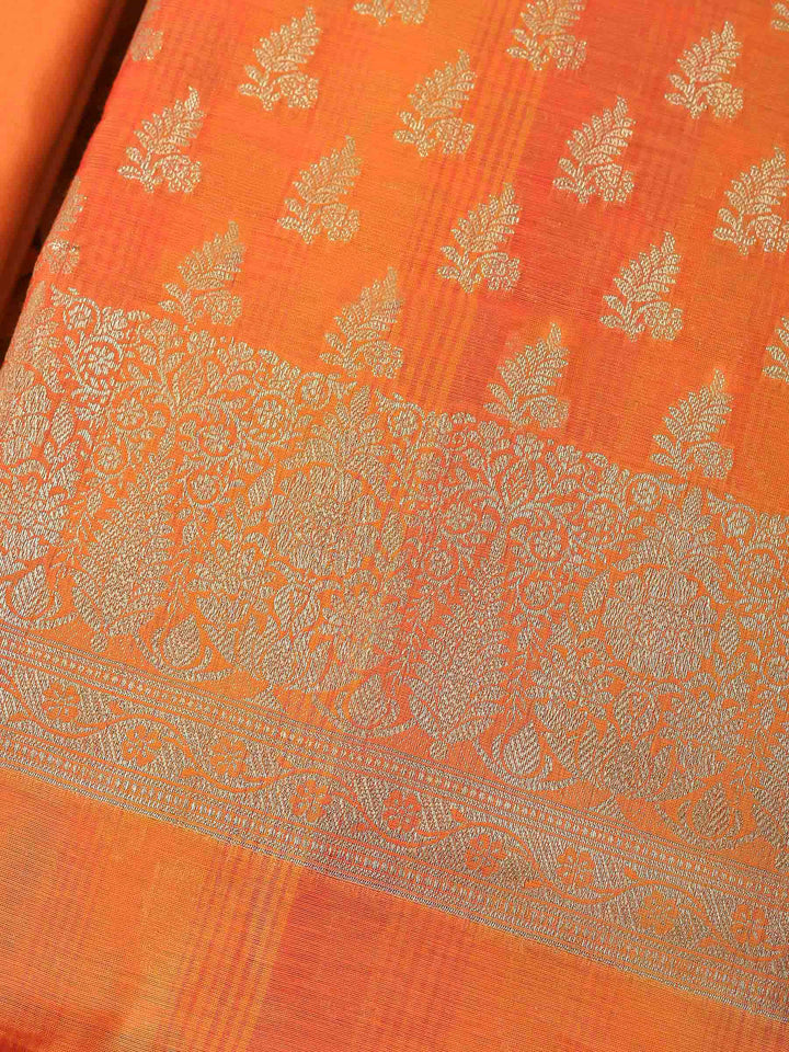 Orange Woven Design Chanderi Unstitched Suit &amp; Pant With Banarsi Dupatta