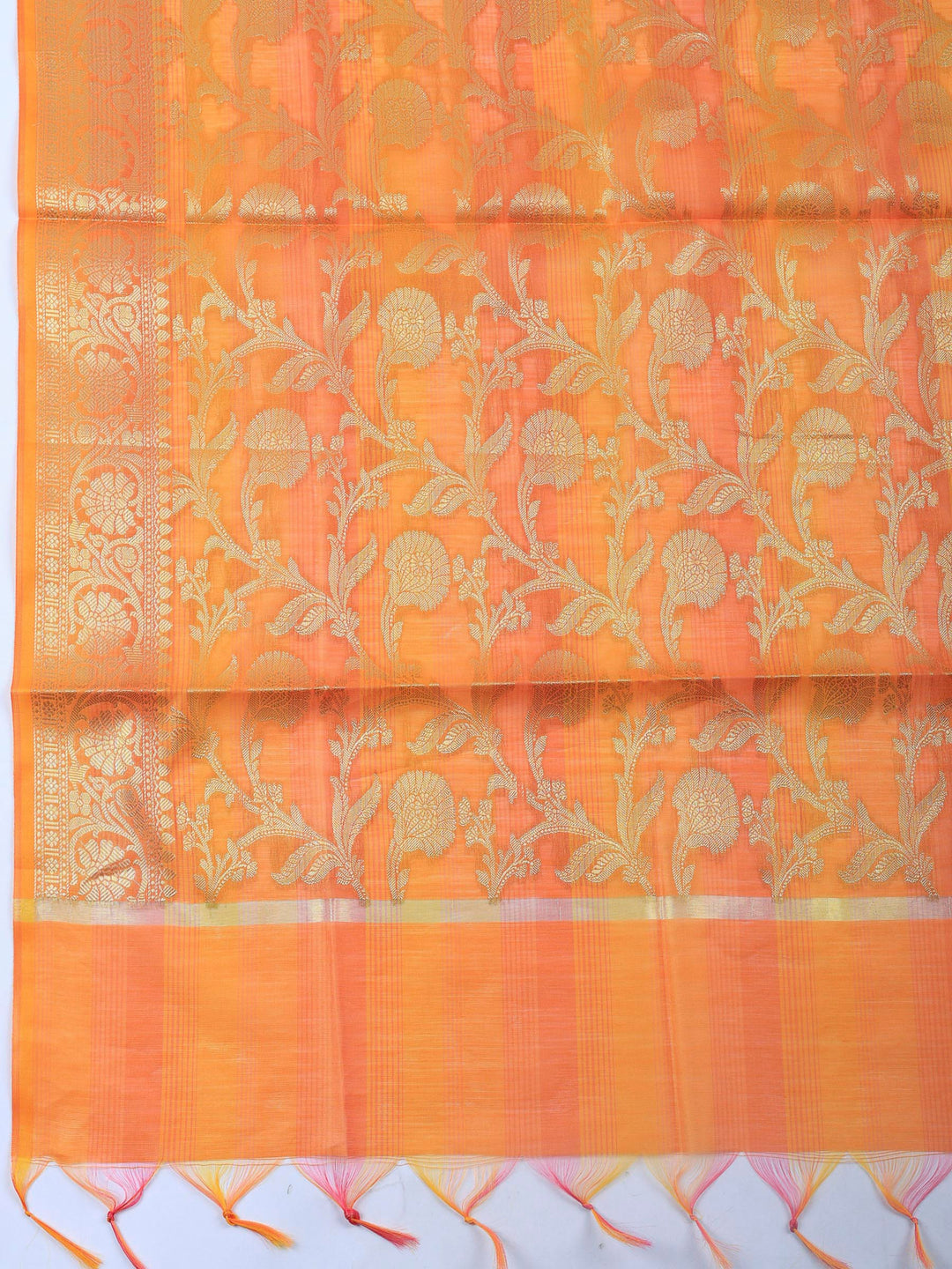 Orange Woven Design Chanderi Unstitched Suit &amp; Pant With Banarsi Dupatta