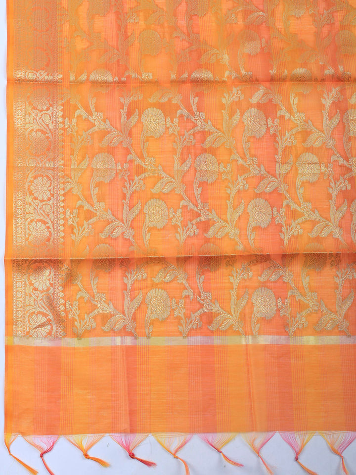 Orange Woven Design Chanderi Unstitched Suit &amp; Pant With Banarsi Dupatta