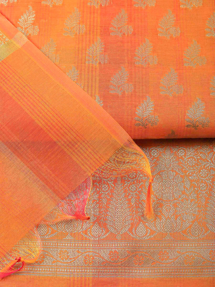 Orange Woven Design Chanderi Unstitched Suit &amp; Pant With Banarsi Dupatta