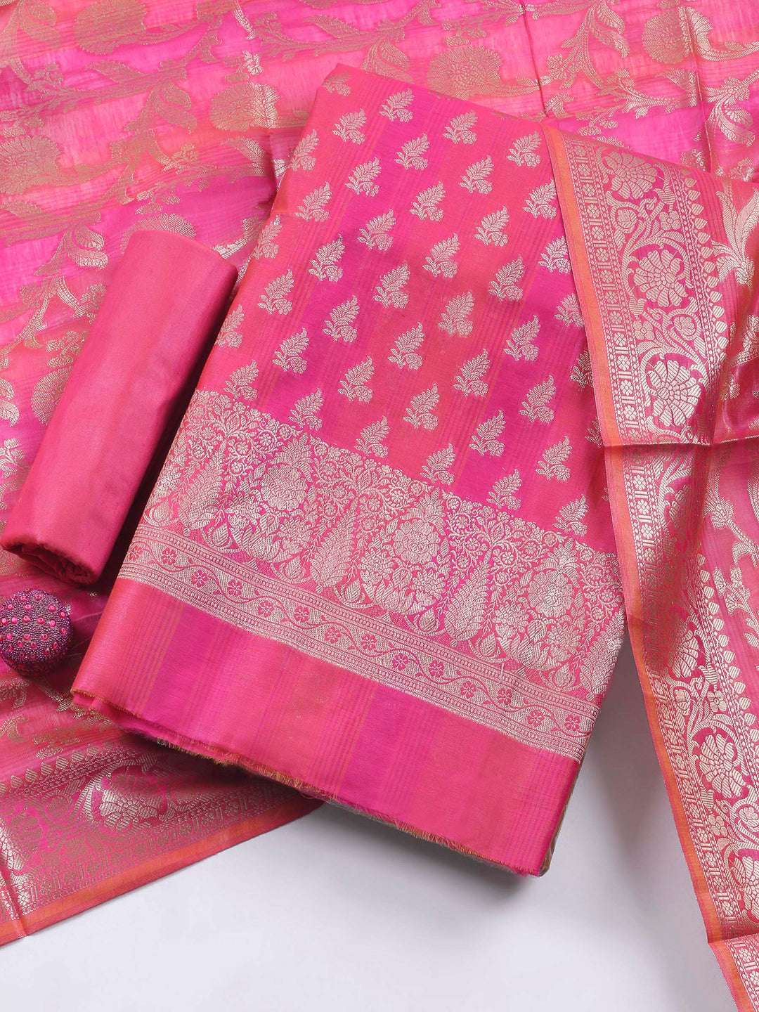 Rani Woven Design Chanderi Unstitched Suit &amp; Pant With Banarsi Dupatta