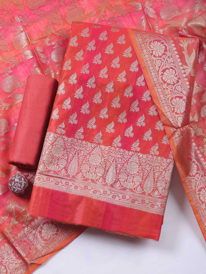 Rust Woven Design Chanderi Unstitched Suit &amp; Pant With Banarsi Dupatta