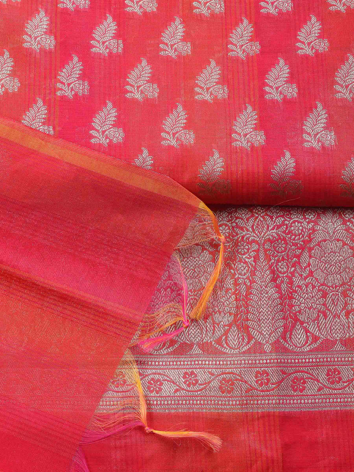 Rust Woven Design Chanderi Unstitched Suit &amp; Pant With Banarsi Dupatta