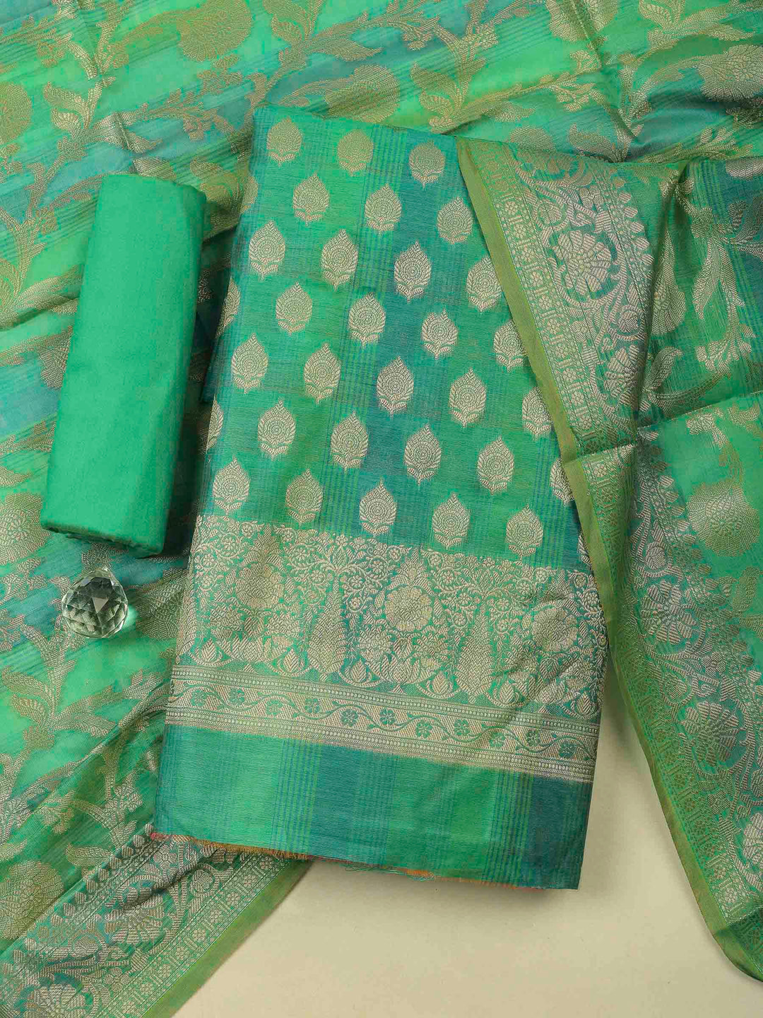 Green Banarasi Chanderi Unstitched Dress Material