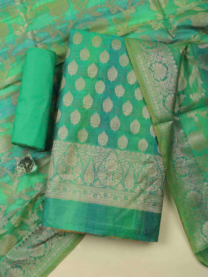 Green Banarasi Chanderi Unstitched Dress Material
