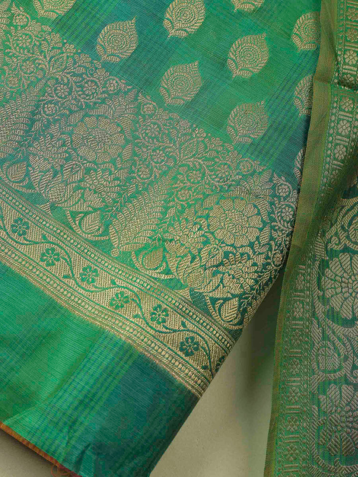 Green Banarasi Chanderi Unstitched Dress Material