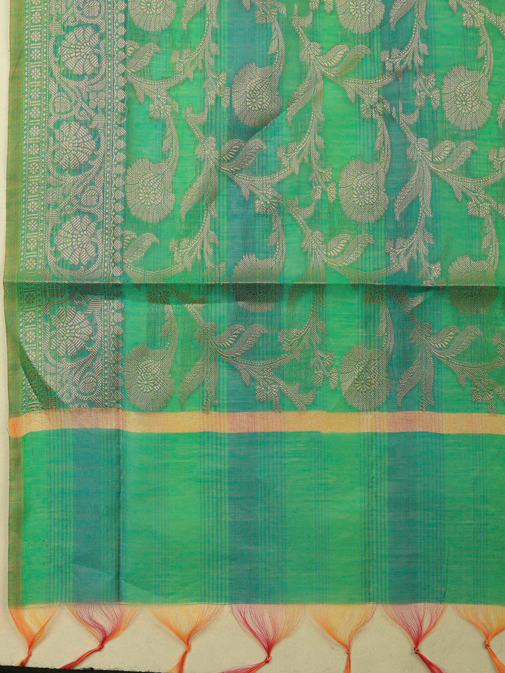 Green Banarasi Chanderi Unstitched Dress Material