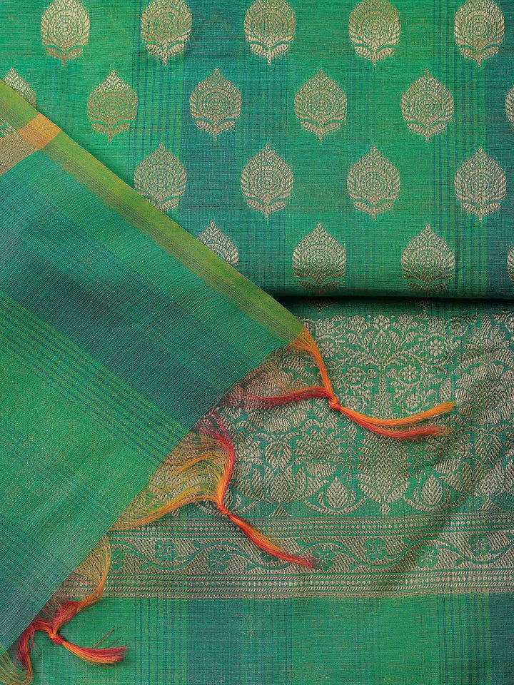 Green Banarasi Chanderi Unstitched Dress Material