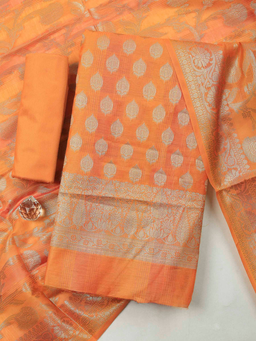 Orange Banarasi Chanderi Unstitched Dress Material