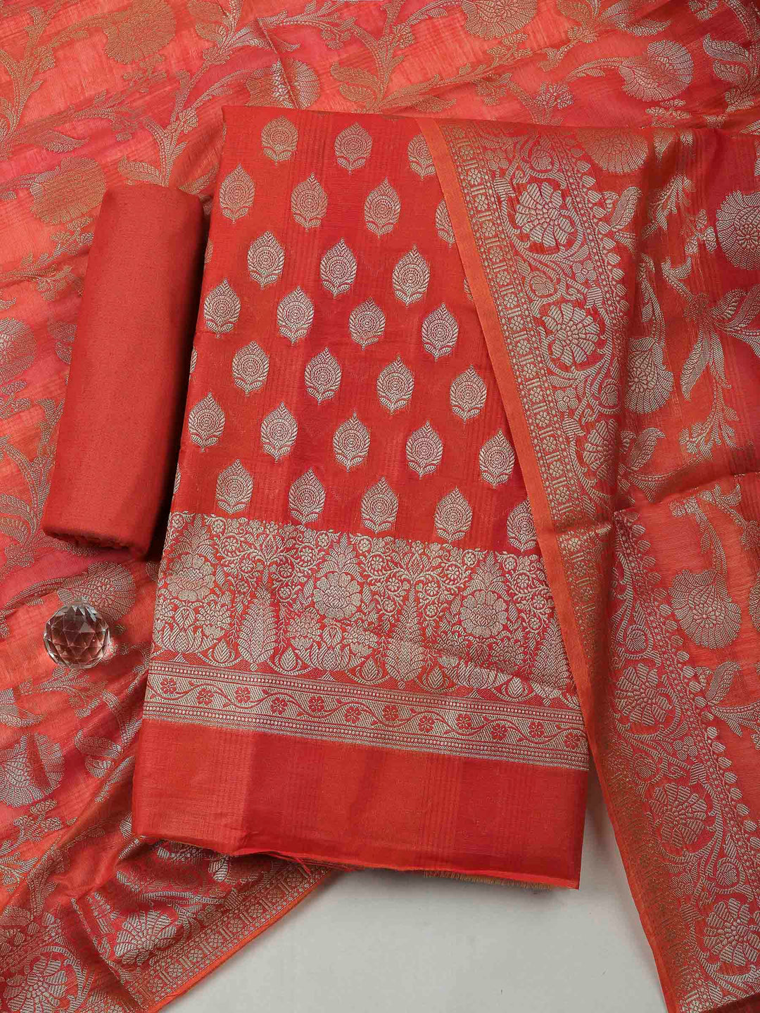 Rust Banarasi Chanderi Unstitched Dress Material
