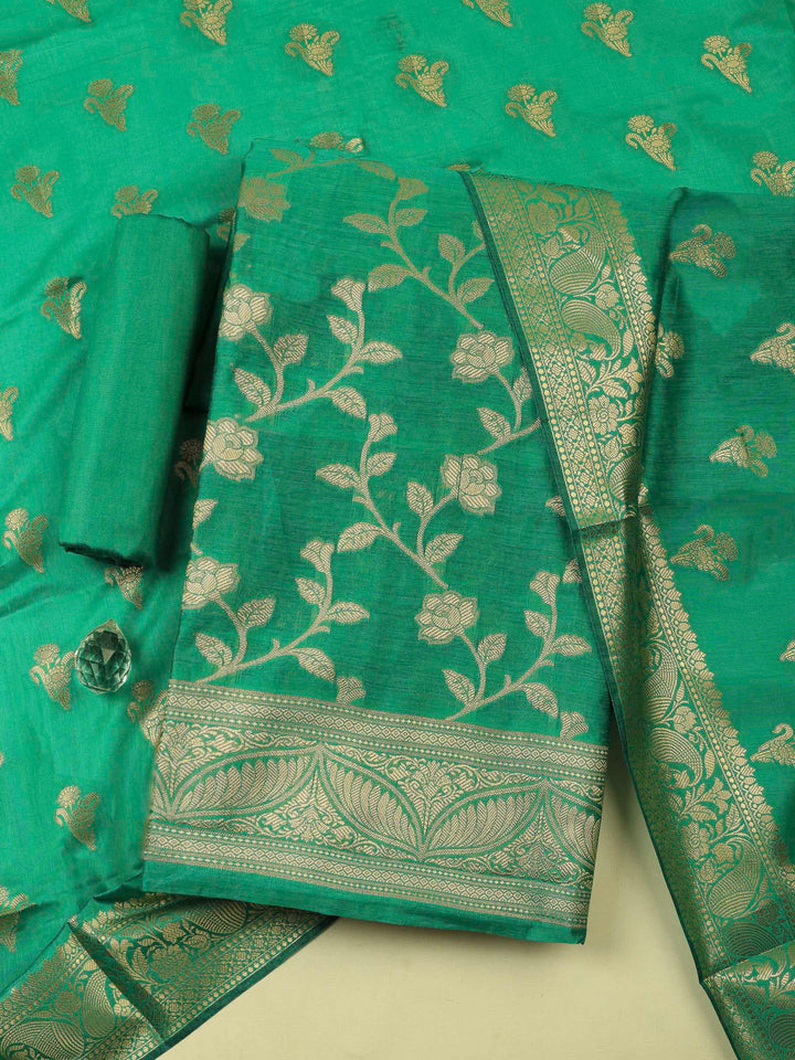 Green Banarasi Chanderi Unstitched Dress Material