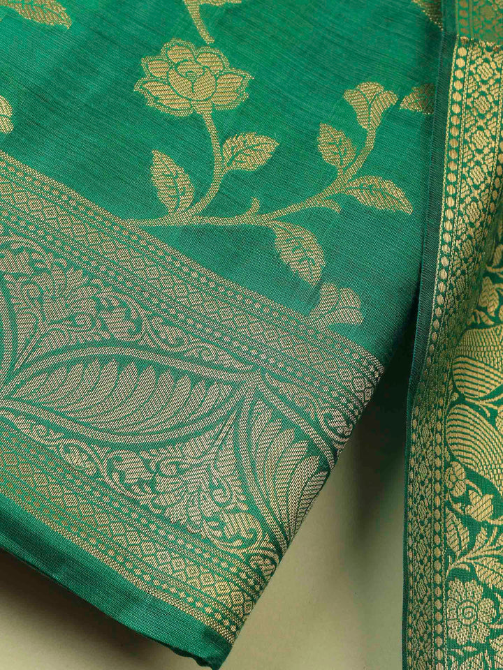 Green Banarasi Chanderi Unstitched Dress Material