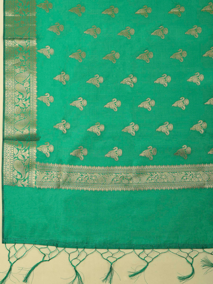 Green Banarasi Chanderi Unstitched Dress Material