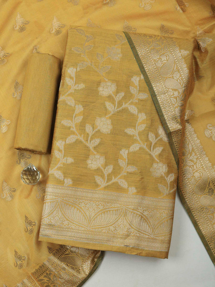 Mustard Banarasi Chanderi Unstitched Dress Material