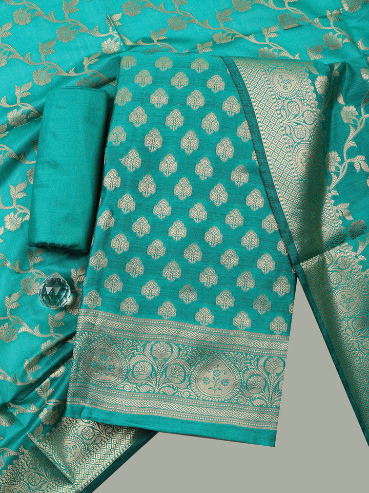 Green Banarasi Chanderi Unstitched Dress Material