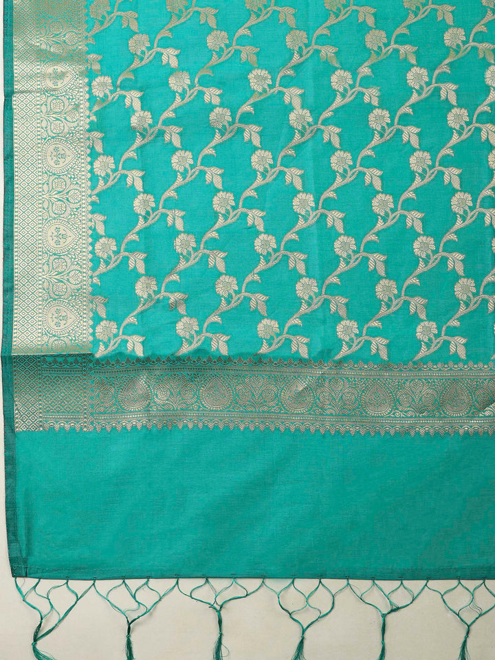 Green Banarasi Chanderi Unstitched Dress Material