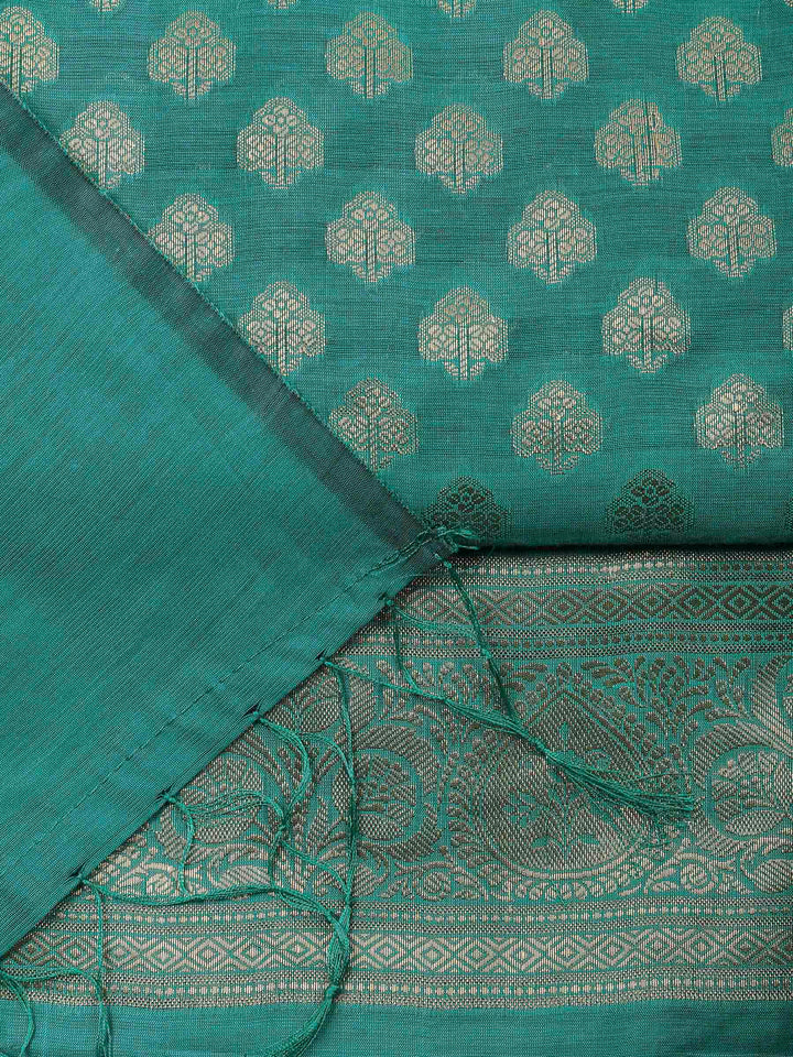 Green Banarasi Chanderi Unstitched Dress Material