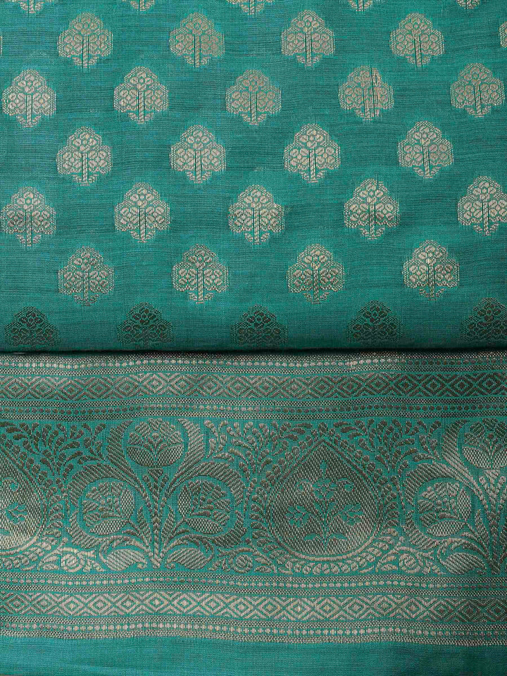 Green Banarasi Chanderi Unstitched Dress Material