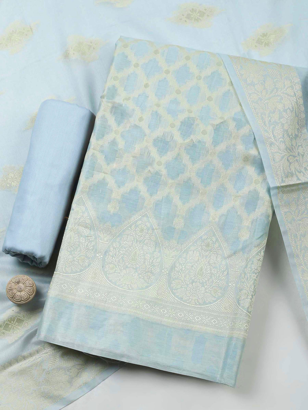 Grey Woven Design Chanderi Unstitched Dress Material