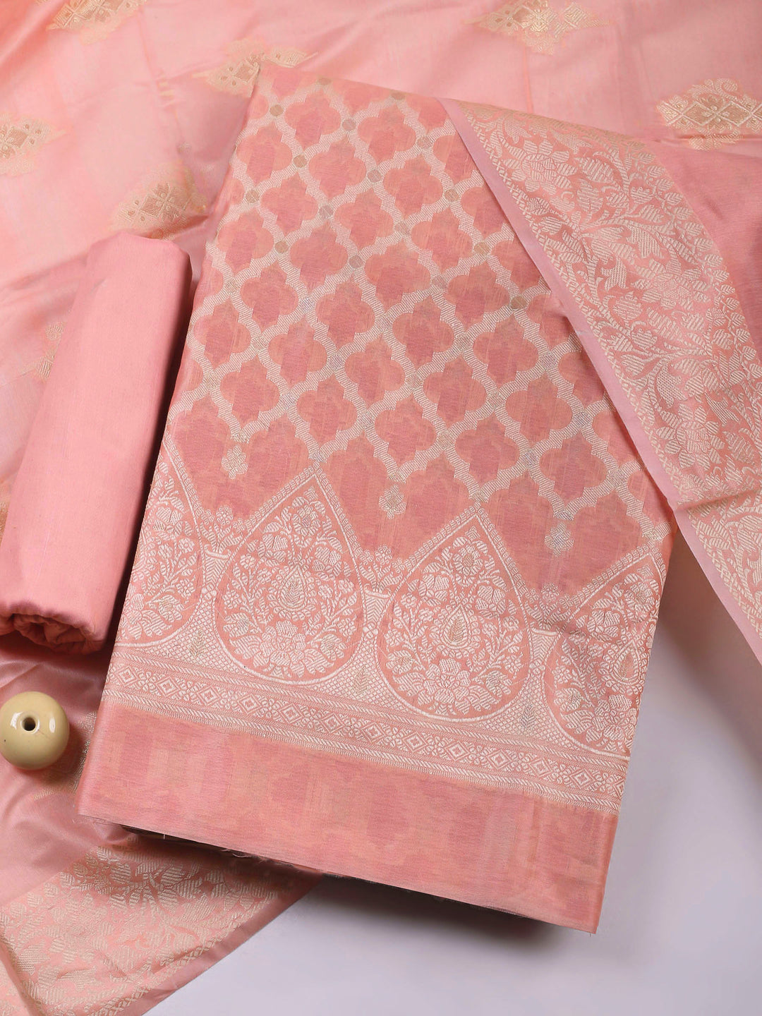 Peach Woven Design Chanderi Unstitched Dress Material